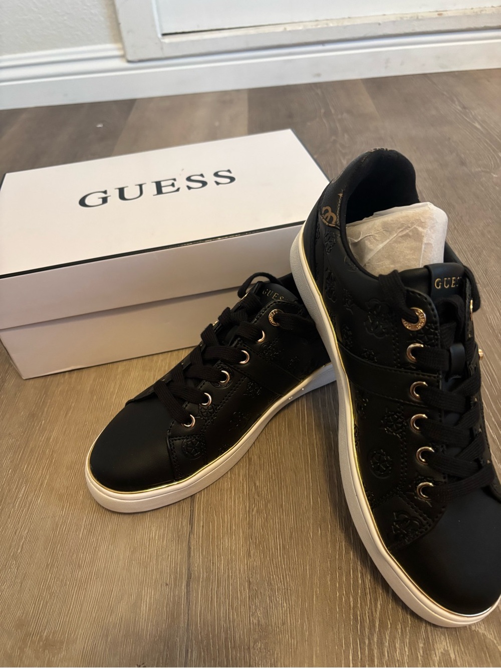 GUESS Black Sneakers with Gold Trim and Logo - Picture 2 of 10